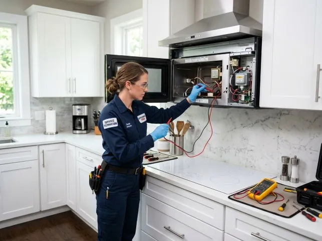 Appliance Repair Hero technician testing an over-the-range microwave in a Belleview, FL kitchen